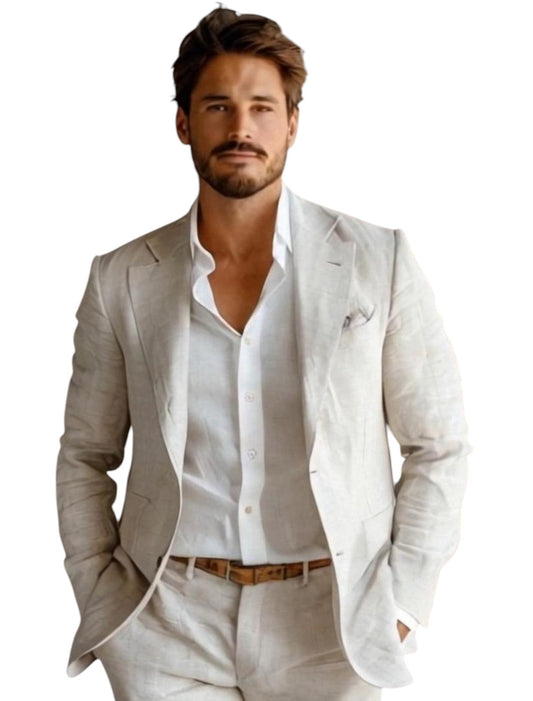 "Stijlvolle heren linnen blazer in beige, luchtig en ademend, perfect voor warme zomerdagen en vele gelegenheden."