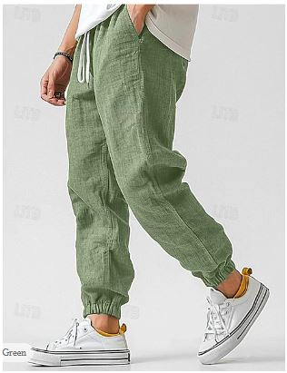 Stijlvolle heren linnen vrachtbroek; ademende stof, hoge taille, rechte pijpen. Perfect voor zomer-look, diverse kleuren.
