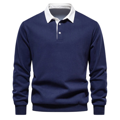 "Stijlvolle heren polo sweatshirt met klassieke kraag en patchwork detail, gemaakt van zachte katoenblend, regular fit."
