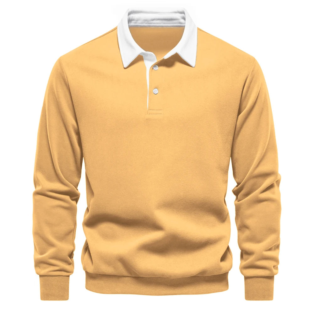 "Stijlvolle heren polo sweatshirt met klassieke kraag en patchwork detail, gemaakt van zachte katoenblend, regular fit."