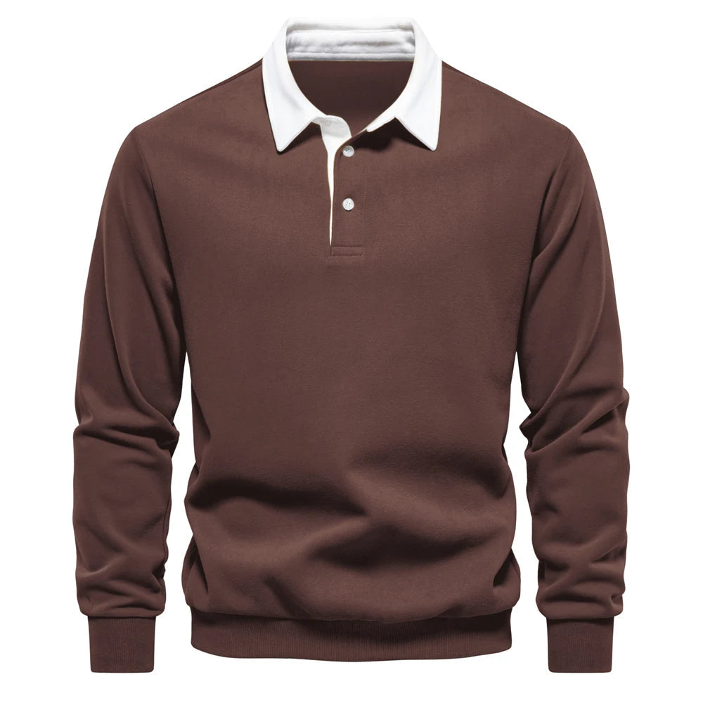 "Stijlvolle heren polo sweatshirt met klassieke kraag en patchwork detail, gemaakt van zachte katoenblend, regular fit."