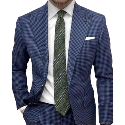 "Stijlvolle herenjas met blauwe strepen, revers kraag en elegante uitstraling, ideaal voor elke gelegenheid"