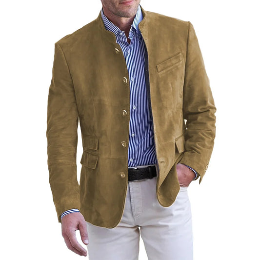"Stijlvolle herenmantel met vintage stand-up kraag en single-breasted sluiting, ideaal voor casual en formele gelegenheden."