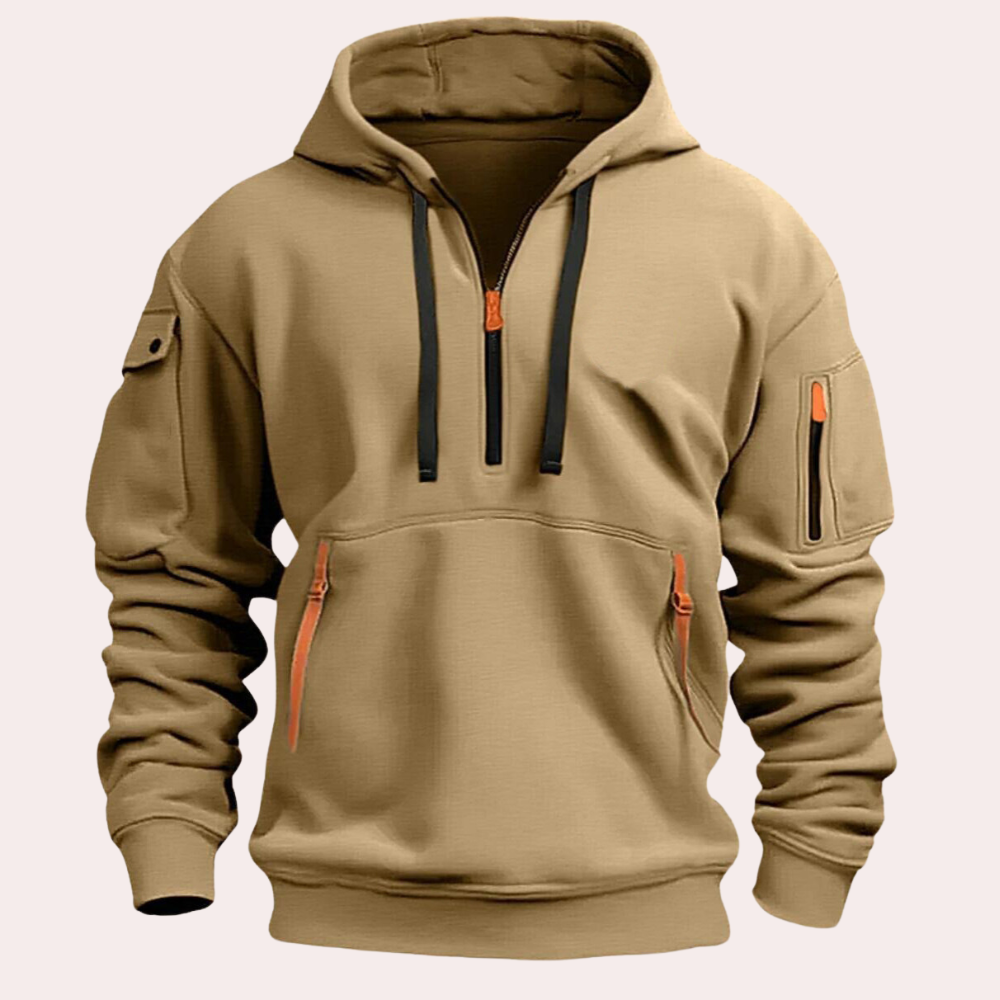 "Stijlvolle khaki herenhoodie met comfortabele pasvorm, ideaal voor zomer, gemaakt van ademende stof voor casual en sportieve