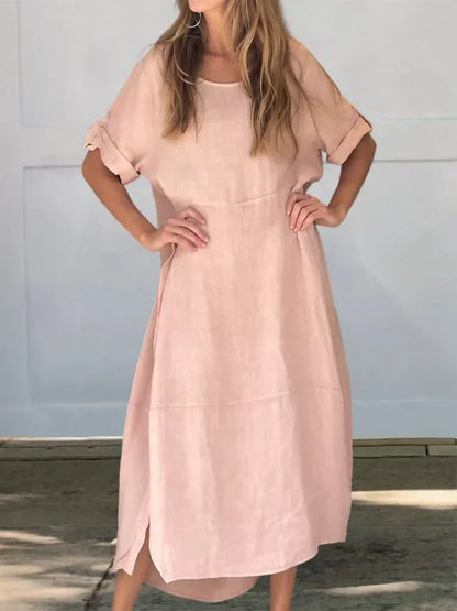 "Stijlvolle Lainey linnen katoenen jurk met ronde kraag en 1/2 mouwen, ademend en comfortabel voor casual elegantie."