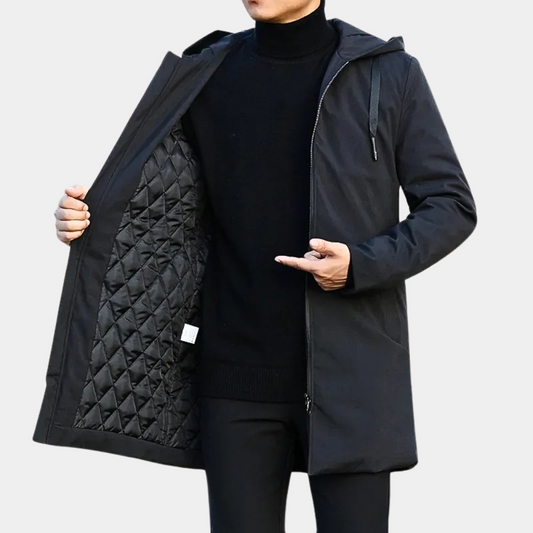 Stijlvolle lange herenjas in zwart, elegante pasvorm, veelzijdig voor elk seizoen, beschermend en geschikt voor modebewuste m