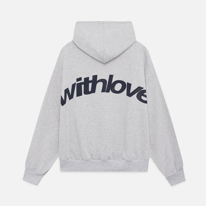 "Stijlvolle oversized hoodie met geel 'Withlove'-design, contrasterend en comfortabel voor een moderne streetwear-look."