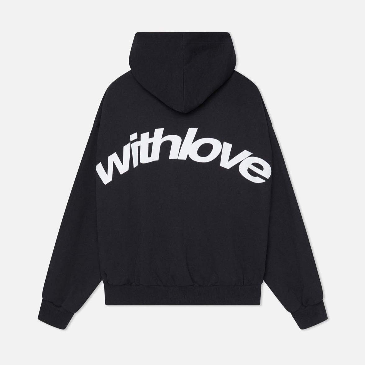 "Stijlvolle oversized hoodie met geel 'Withlove'-design, contrasterend en comfortabel voor een moderne streetwear-look."