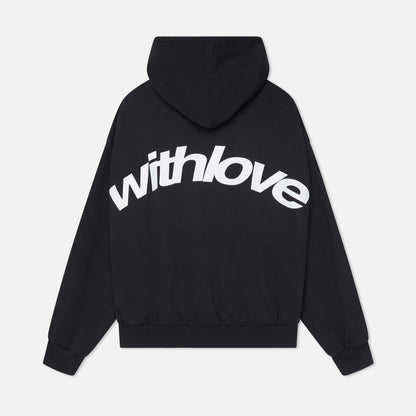 "Stijlvolle oversized hoodie met geel 'Withlove'-design, contrasterend en comfortabel voor een moderne streetwear-look."