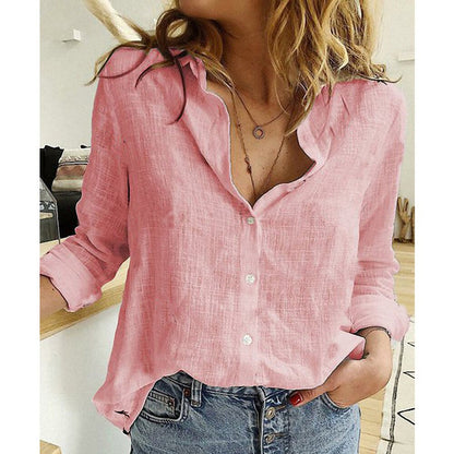 "Stijlvolle oversized linnen damesblouse, luchtige katoen-linnen mix met klassieke kraag, perfect voor lente en zomer."