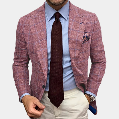 "Stijlvolle rode Oliver herenblazer, zomermode, met tweeknoopsluiting en licht ademend materiaal voor elke gelegenheid."