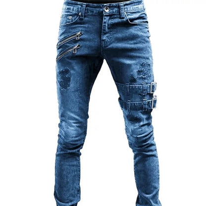 Stijlvolle urban denim joggers voor heren, biker look met gescheurde details en fake ritsen, comfortabel en modieus.