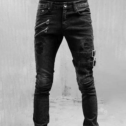 Stijlvolle urban denim joggers voor heren, biker look met gescheurde details en fake ritsen, comfortabel en modieus.