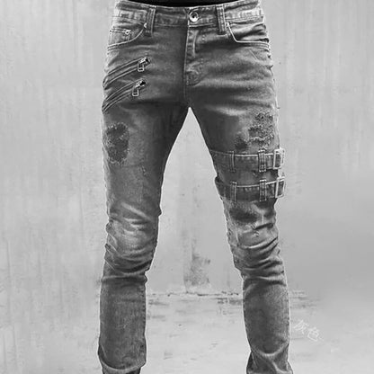 Stijlvolle urban denim joggers voor heren, biker look met gescheurde details en fake ritsen, comfortabel en modieus.