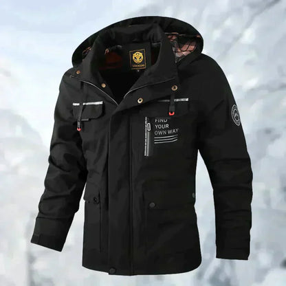 "Stijlvolle waterdichte herenjas met afneembare capuchon, perfecte winterbescherming tegen regen en wind."