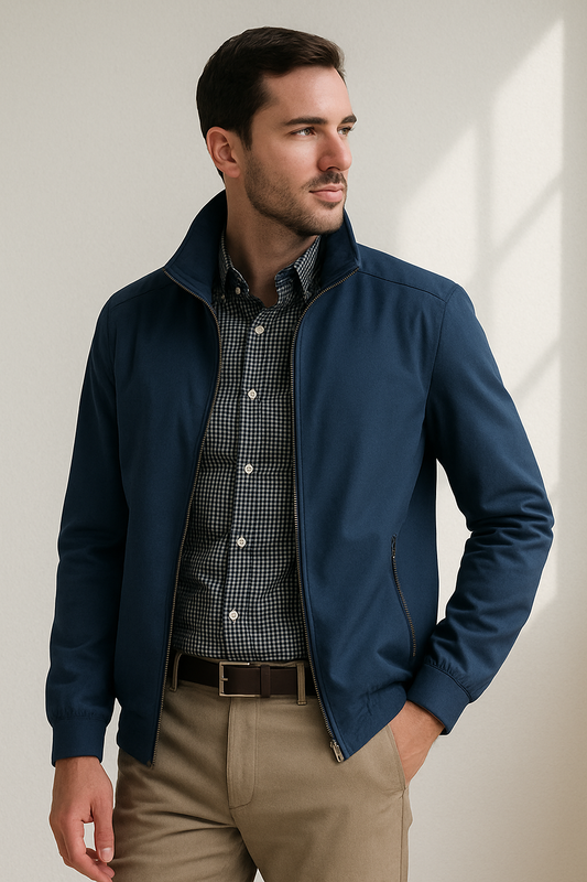 Stijlvolle winddichte zomerjas voor heren, slanke pasvorm, luxe voering, geschikt voor kantoor en casual gelegenheden.