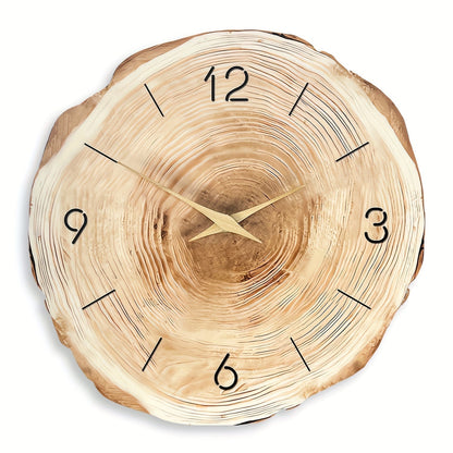 "Stille houten wandklok met natuurlijke textuur en subtiel bladmotief, geruisloze werking, ideaal voor elk interieur."
