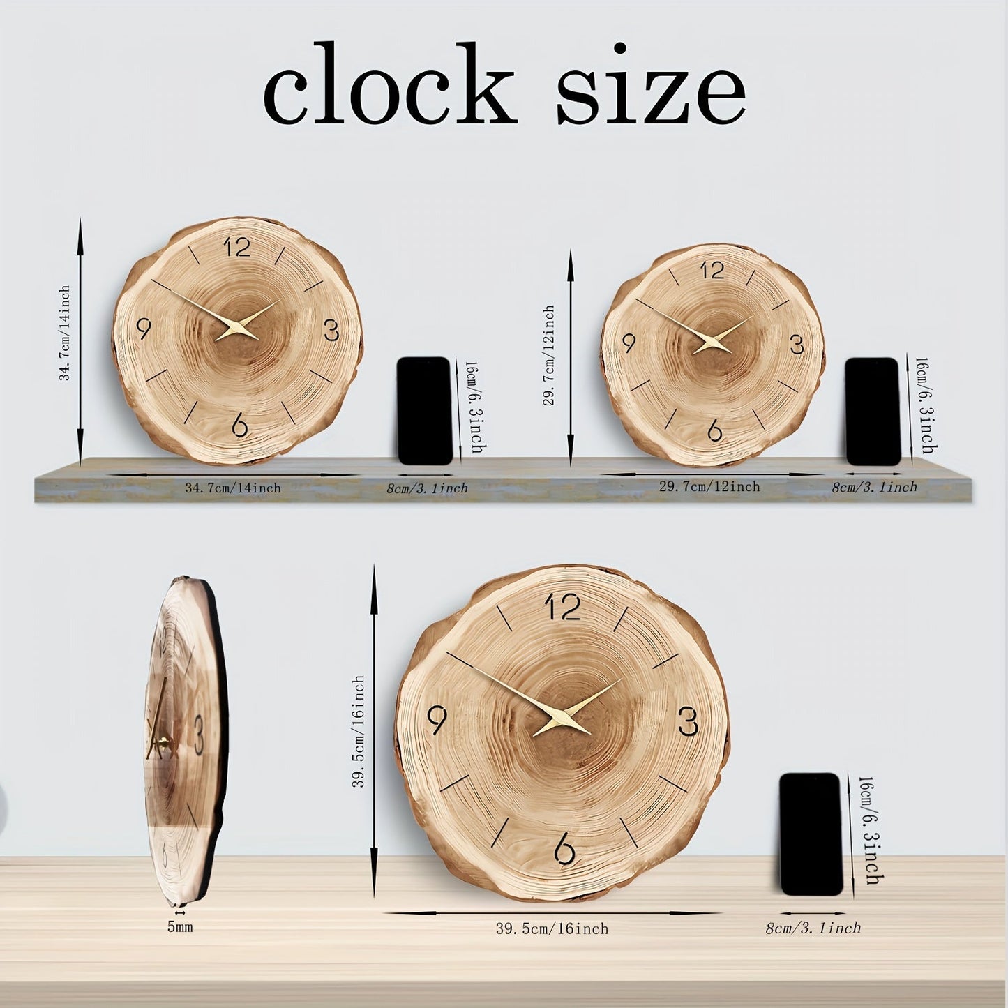 "Stille houten wandklok met natuurlijke textuur en subtiel bladmotief, geruisloze werking, ideaal voor elk interieur."
