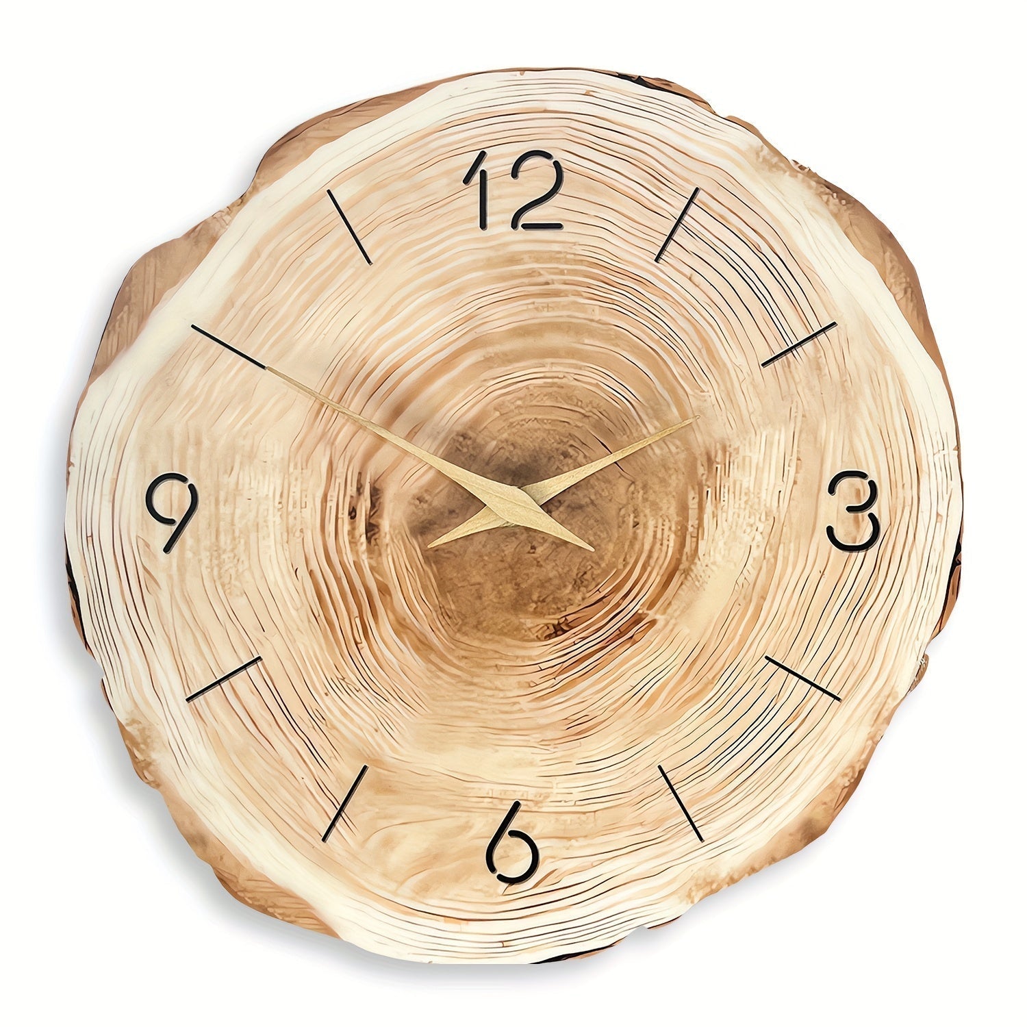"Stille houten wandklok met natuurlijke textuur en subtiel bladmotief, geruisloze werking, ideaal voor elk interieur."