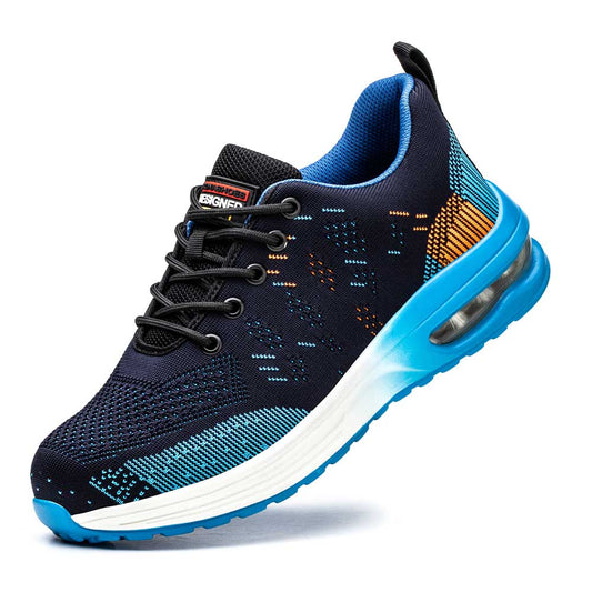 "Stoere blauwe veiligheidsschoenen met stalen neus en Kevlar-zool, lichtgewicht sneakerontwerp voor maximaal comfort."