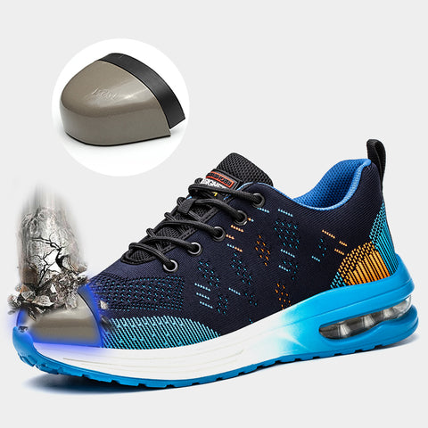 "Stoere blauwe veiligheidsschoenen met stalen neus en Kevlar-zool, lichtgewicht sneakerontwerp voor maximaal comfort."