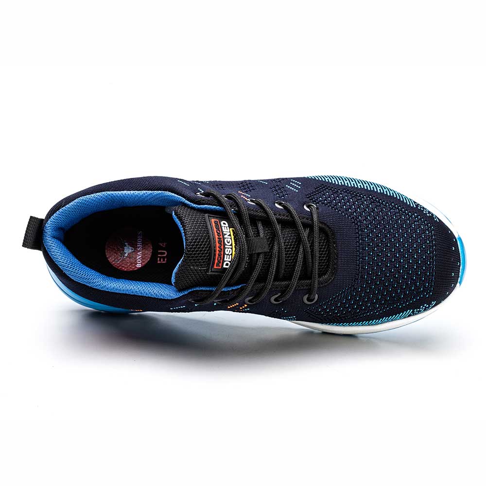 "Stoere blauwe veiligheidsschoenen met stalen neus en Kevlar-zool, lichtgewicht sneakerontwerp voor maximaal comfort."