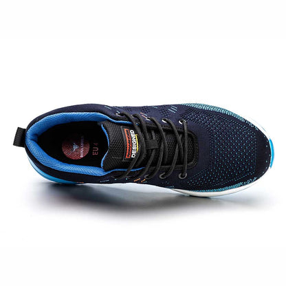 "Stoere blauwe veiligheidsschoenen met stalen neus en Kevlar-zool, lichtgewicht sneakerontwerp voor maximaal comfort."