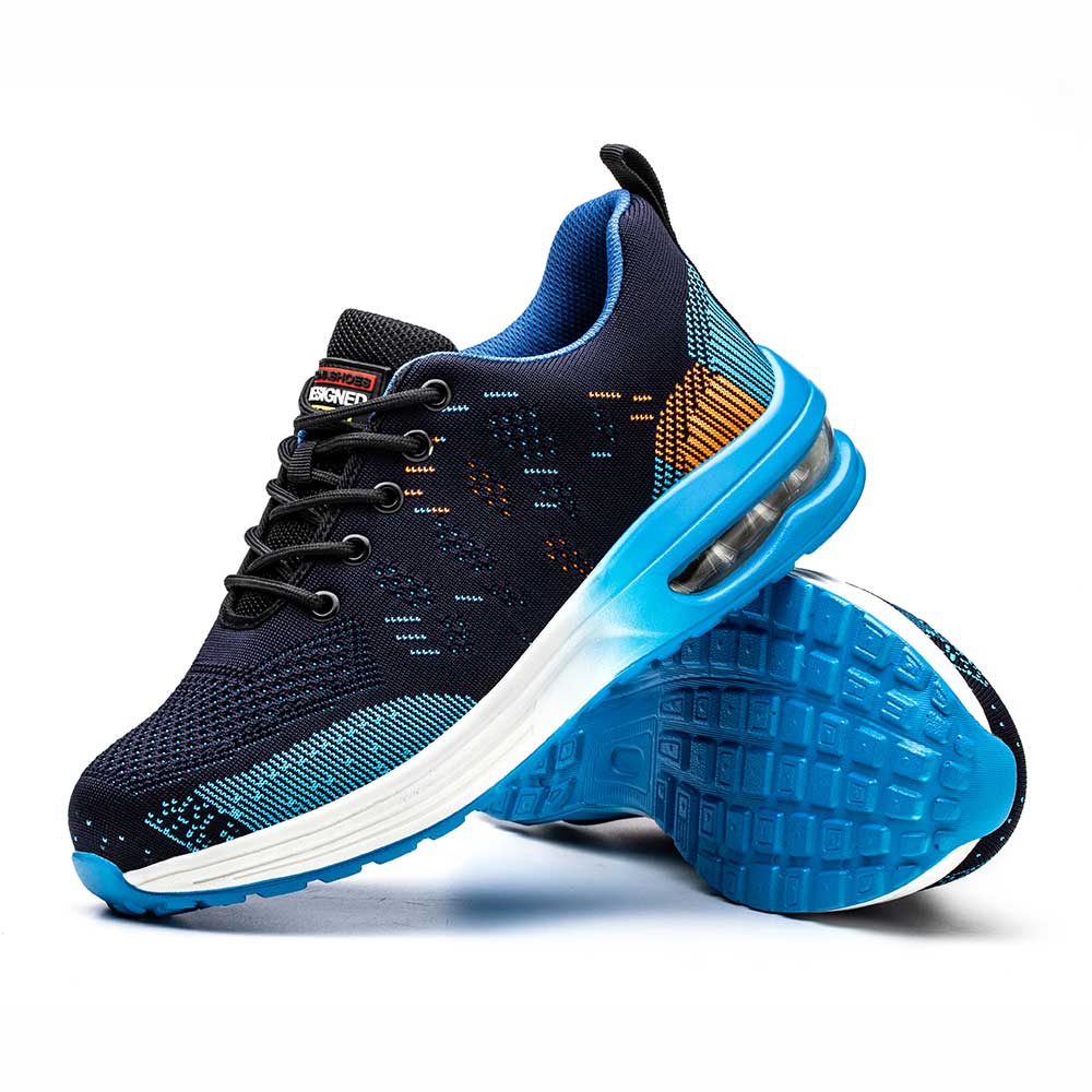 "Stoere blauwe veiligheidsschoenen met stalen neus en Kevlar-zool, lichtgewicht sneakerontwerp voor maximaal comfort."