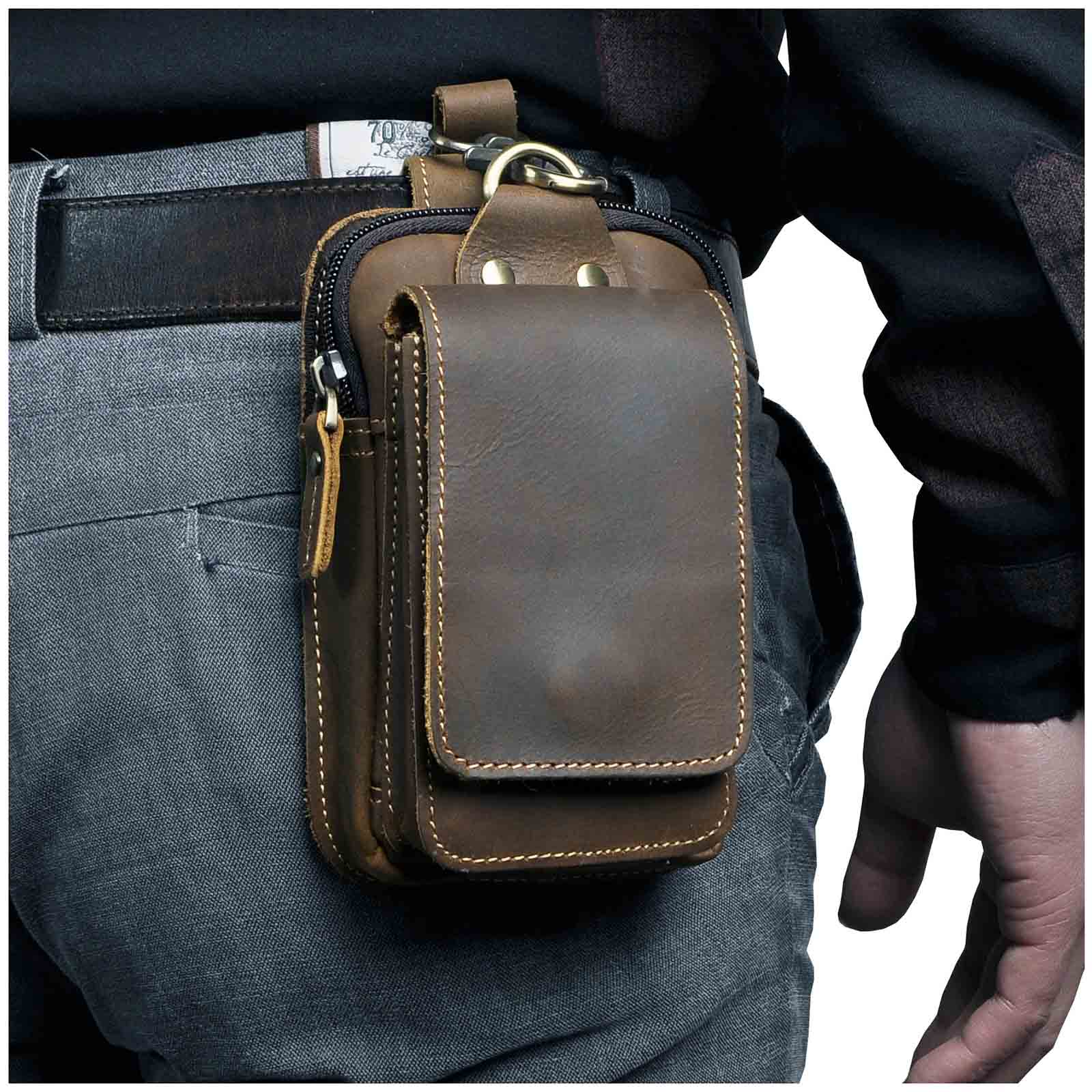 "Stoere heren leren heuptas, donkerbruin, verstelbare riem, meerdere vakken met ritssluiting, ideaal voor reizen en festivals
