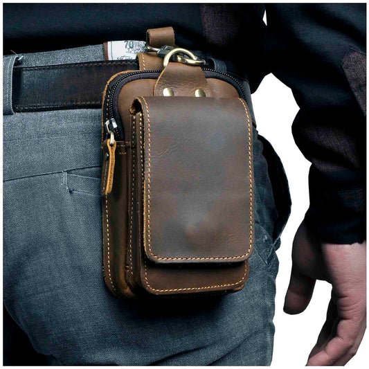 "Stoere heren leren heuptas, donkerbruin, verstelbare riem, meerdere vakken met ritssluiting, ideaal voor reizen en festivals