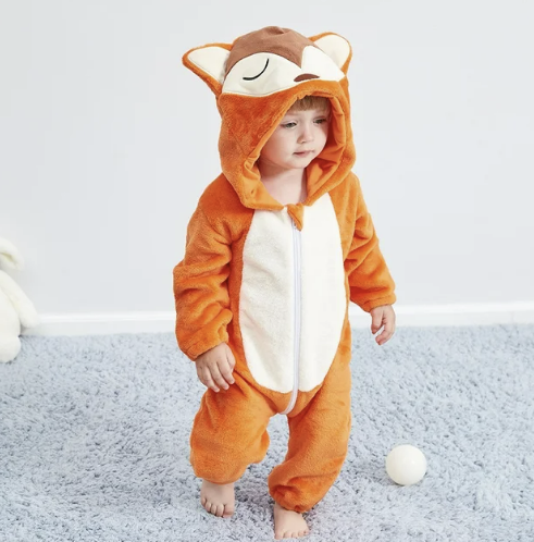 Blauwe fleece overall met dierenoren, schattig en warm babypakje voor jongens.