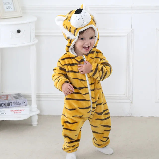 Unisex fleece overall met schattige dierenprint, speelpakje voor jongens en meisjes.