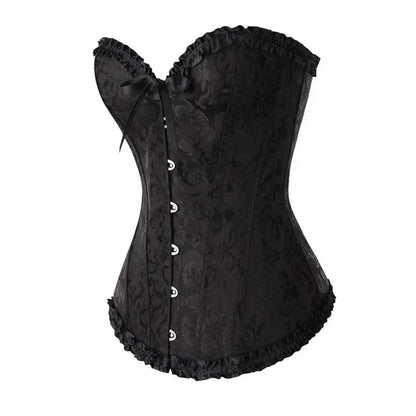 Strapless zwart kanten dameskorset met bloemenpatroon en verstelbare sluiting; elegant design, ideaal voor diverse gelegenhed