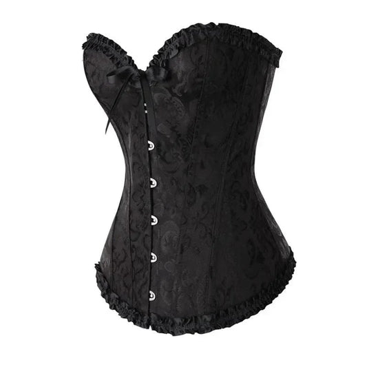 Strapless zwart kanten dameskorset met bloemenpatroon en verstelbare sluiting; elegant design, ideaal voor diverse gelegenhed