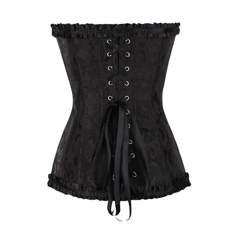 Dames kanten korset, strapless model in zwart kant, perfect als lingerie of feestkleding.