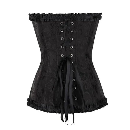 Strapless zwart kanten dameskorset met bloemenpatroon en verstelbare sluiting; elegant design, ideaal voor diverse gelegenhed