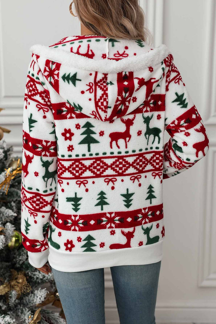 Comfortabele dames kersthoodie met rits en capuchon, ideaal als casual feestelijke winterkleding.