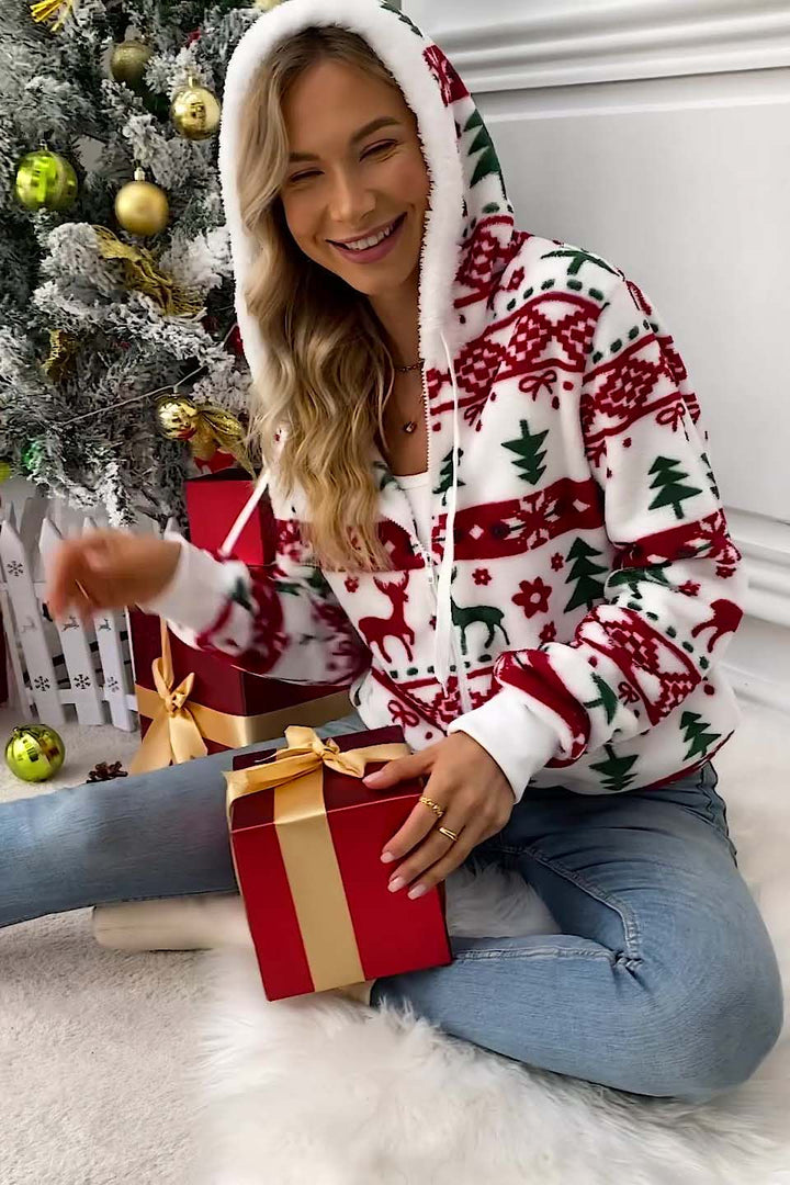 Feestelijke dames hoodie met rits, capuchon en vrolijke rendierprint voor Kerstmis.