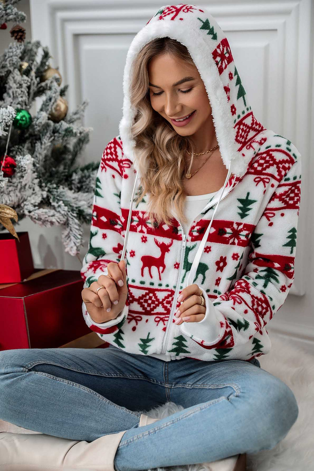 Dames hoodie met volledige rits en verstelbare capuchon, perfecte kerstkleding met rendierdesign.