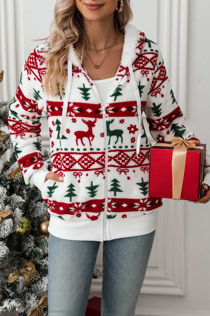Dames kersthoodie met rits, capuchon en rendierprint. Perfect voor feestelijk comfort in de winter.