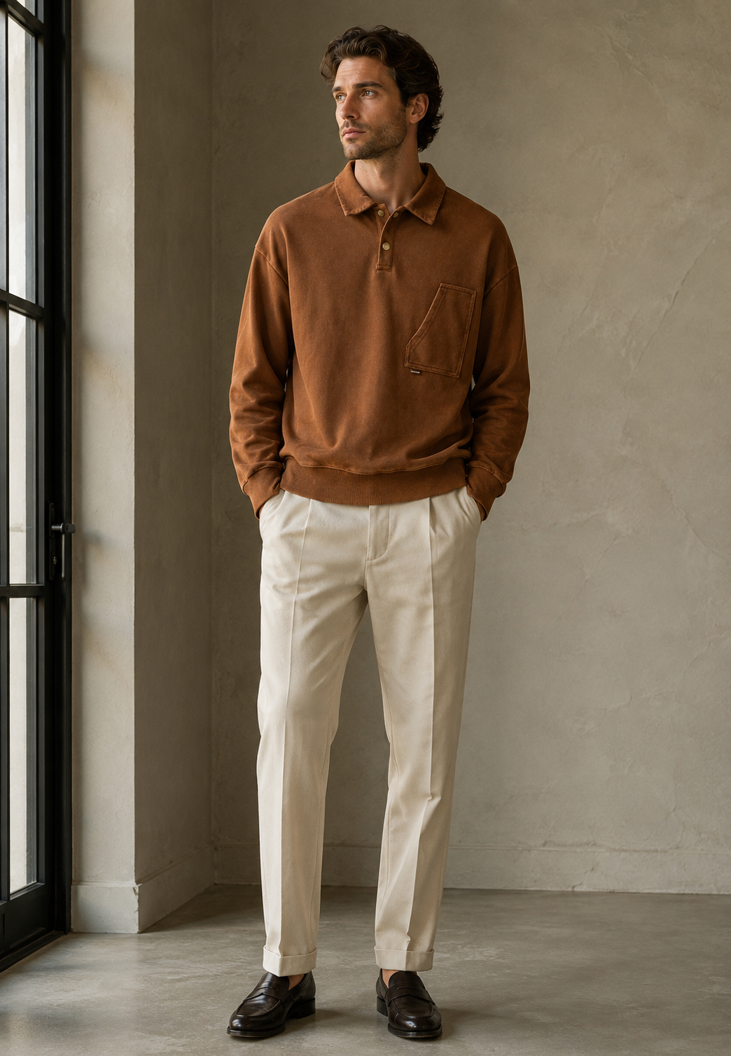 Casual heren poloshirt met lange mouwen, gewassen look stof voor een comfortabele, vintage uitstraling.