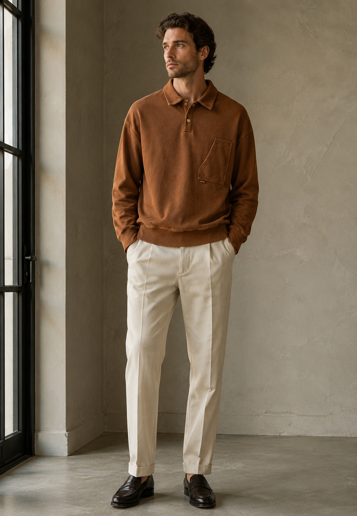 Casual heren poloshirt met lange mouwen, gewassen look stof voor een comfortabele, vintage uitstraling.