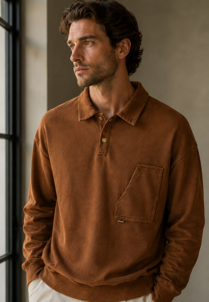 Heren polo met lange mouwen, casual gewassen look. Comfortabel poloshirt in vintage stijl voor dagelijks gebruik.