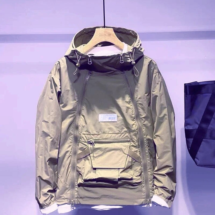 Casual heren bovenkleding: een trendy hooded windbreaker met unieke dubbele rits voor een moderne streetwear stijl.