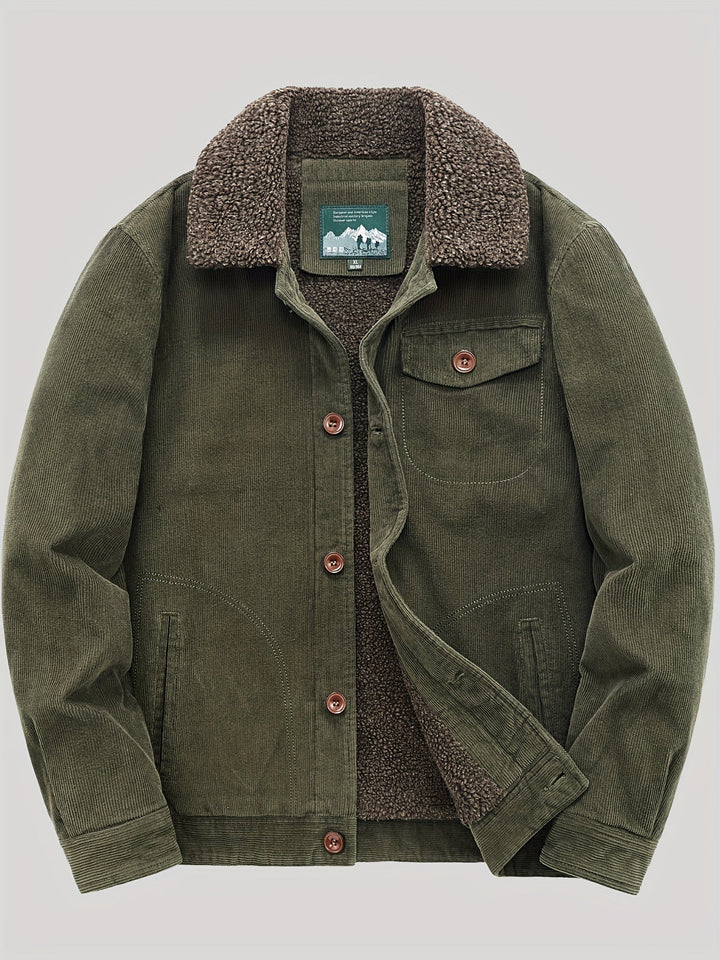 Casual heren winterjas, donkerblauw, met knopen en klassieke trucker-stijl.