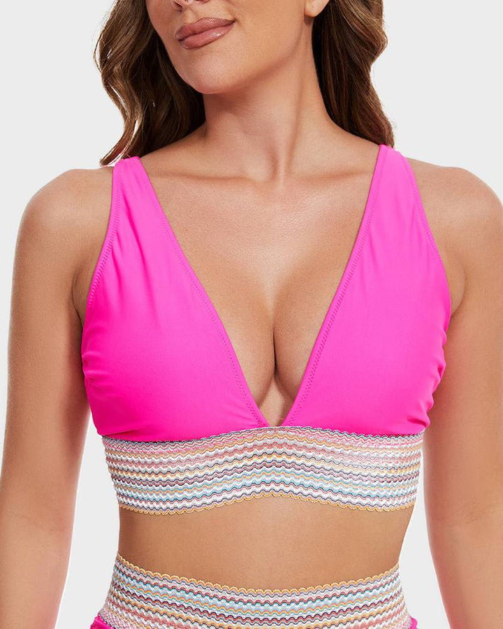 Corrigerende zwemkleding dames: hoge taille bikini set met kleurblok en slankmakend effect.