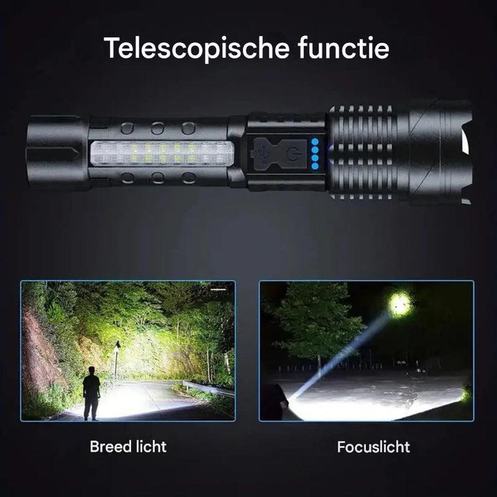 Krachtige militaire tactische zaklamp (5000 lumen) met duurzame, waterbestendige behuizing voor extreme omstandigheden.