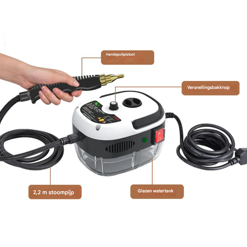 Stoomreiniger 2500W voor huishoudelijke schoonmaak. Verwijdert hardnekkig vuil met hete stoom, ideaal voor dieptereiniging.