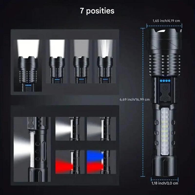 Compacte tactische zaklamp, 5000 lumen, robuust ontwerp, ideaal als noodverlichting of voor kamperen.