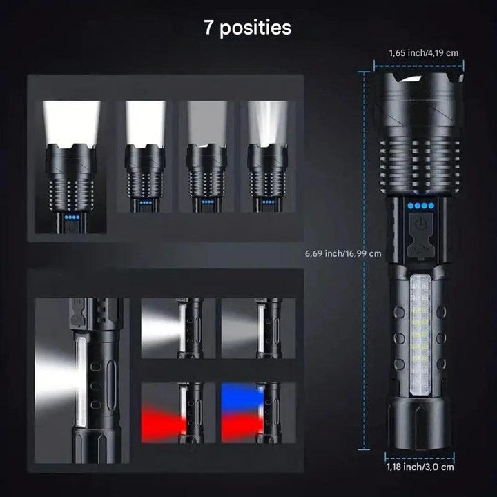 Compacte tactische zaklamp, 5000 lumen, robuust ontwerp, ideaal als noodverlichting of voor kamperen.